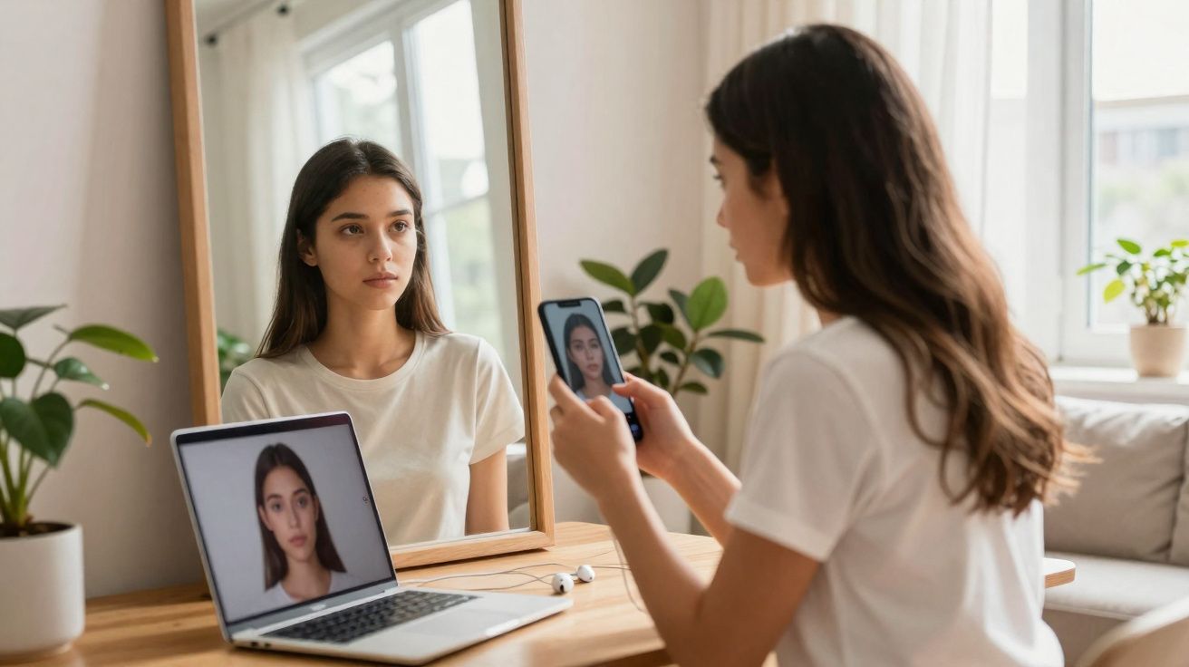 Mulher jovem a fotografar-se no telemóvel perante espelho, com o seu retrato no ecrã de um portátil ligado.