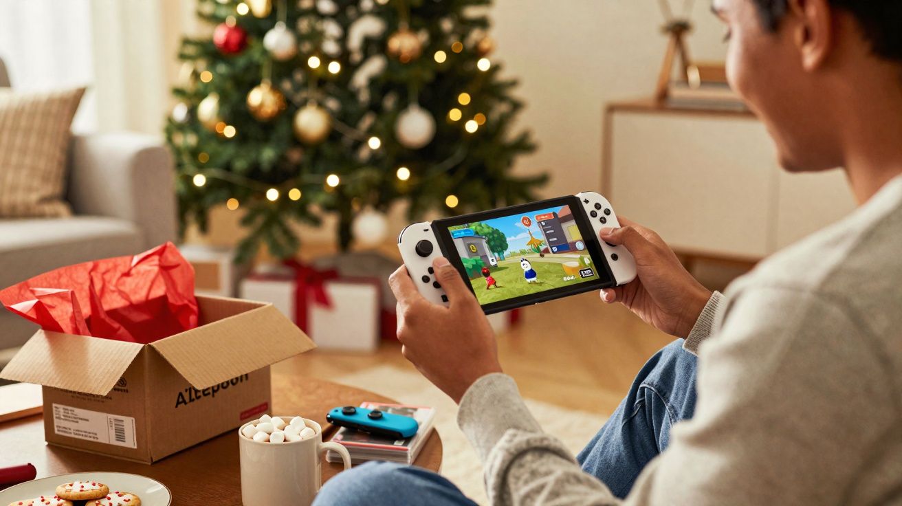 Pessoa sentada a jogar videojogo num comando portátil, com árvore de Natal decorada ao fundo.
