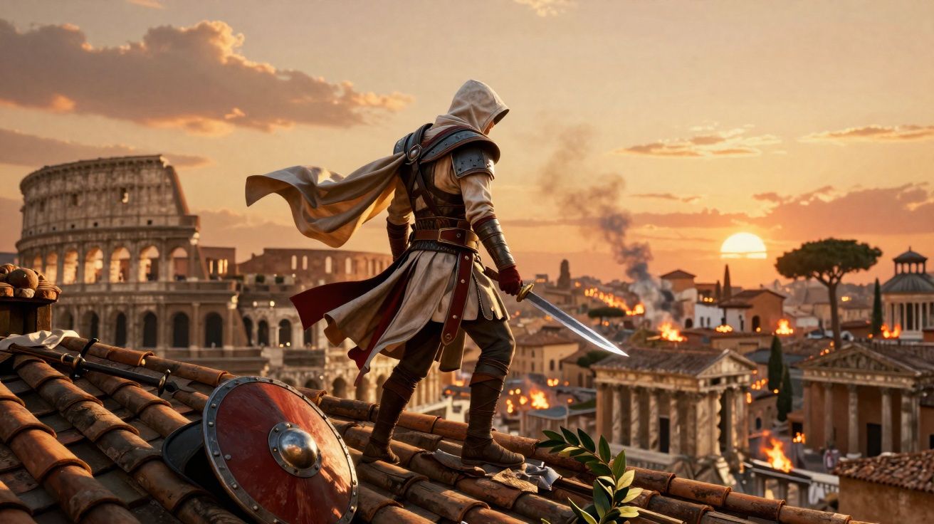 Assassino com capa e roupa antiga observa cidade romana em chamas ao pôr do sol, com Coliseu ao fundo.