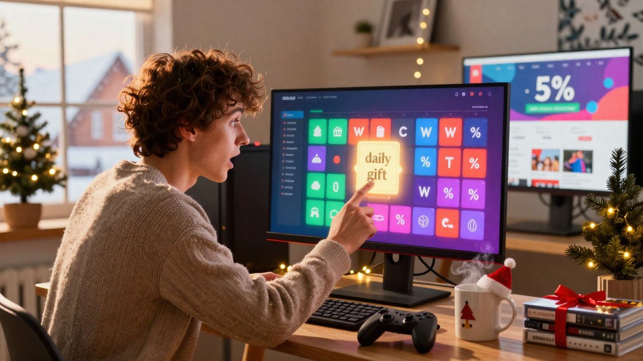 Jovem surpreendido a receber presente diário num jogo em computador com decoração de Natal na mesa.