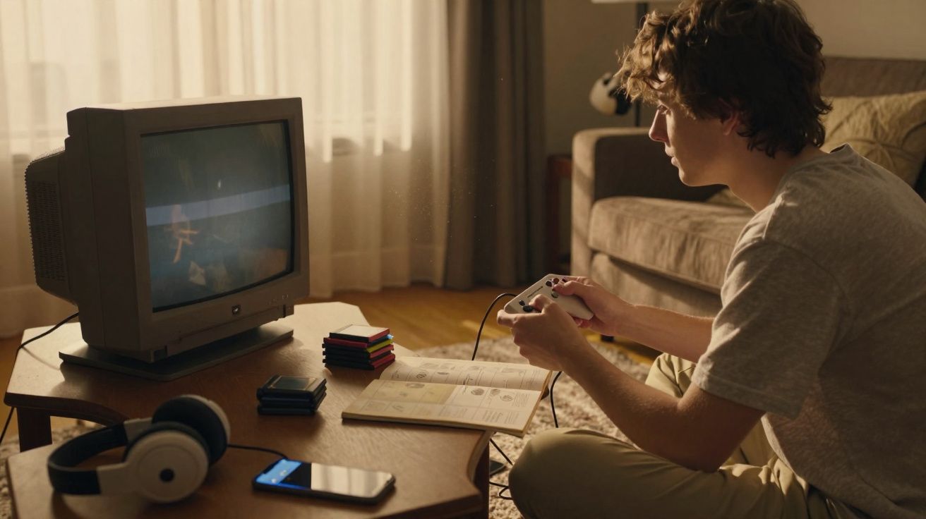 Jovem sentado no chão a jogar videojogos numa televisão antiga, com auscultadores e telemóvel na mesa.