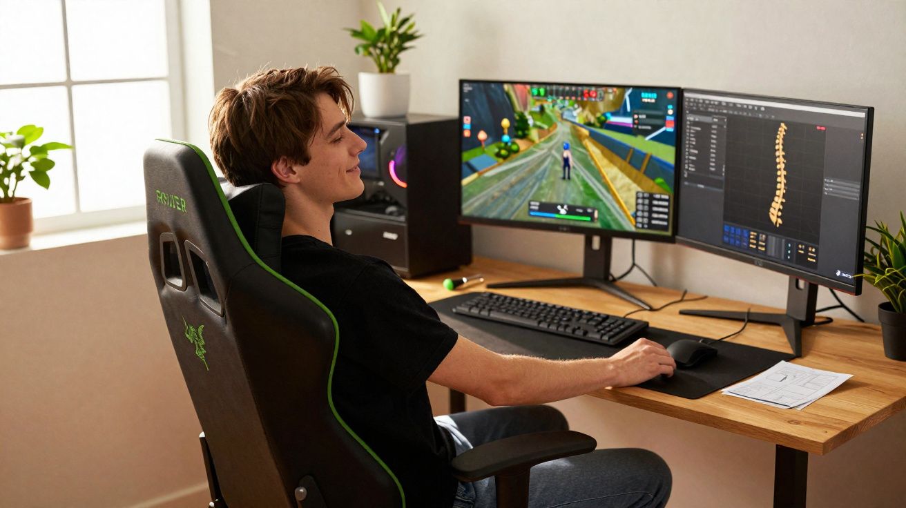 Jovem sentado numa cadeira gaming, a usar computador com dois ecrãs, um a mostrar jogo e outro uma imagem de coluna vertebral