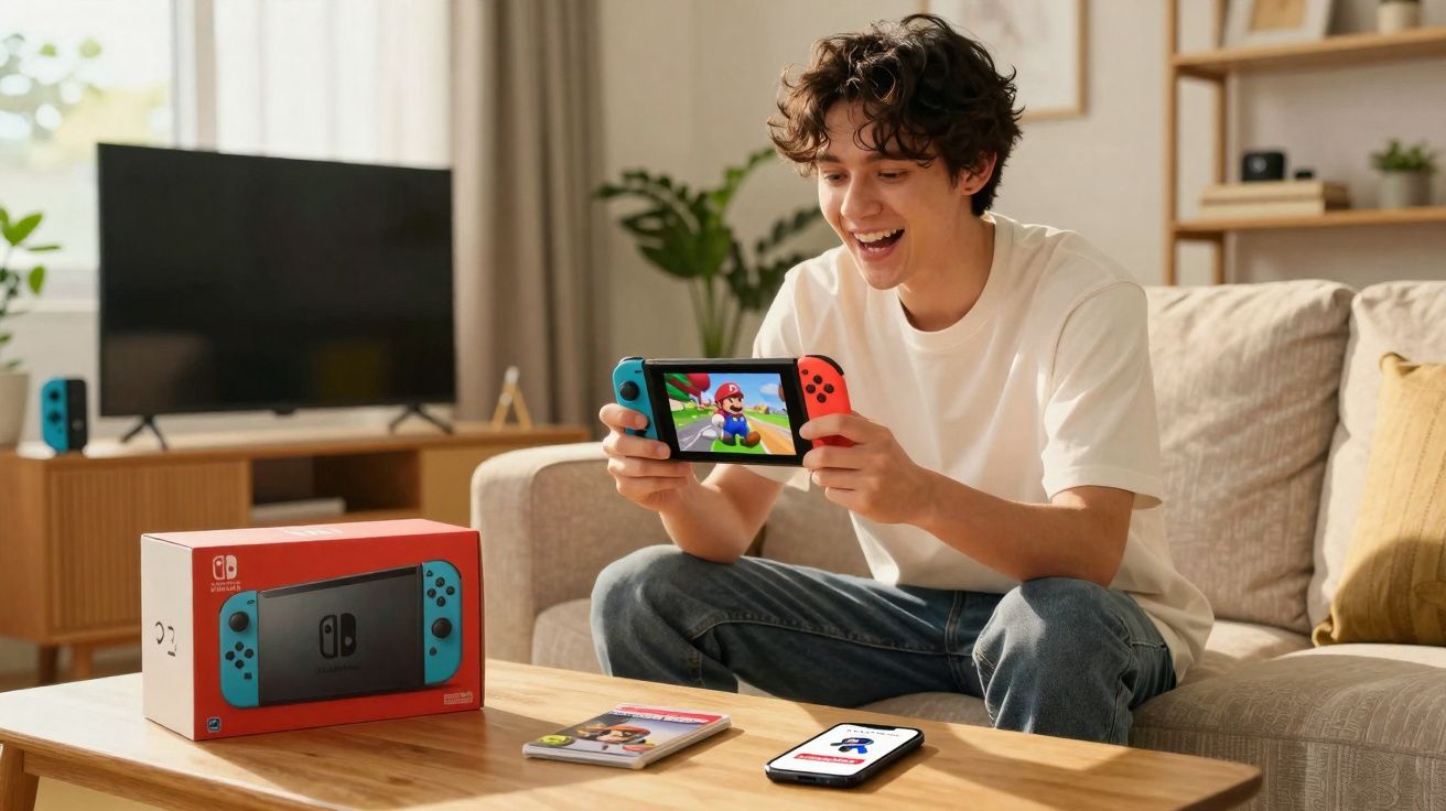 Jovem sentado no sofá a jogar numa consola Nintendo Switch com a embalagem na mesa de centro.