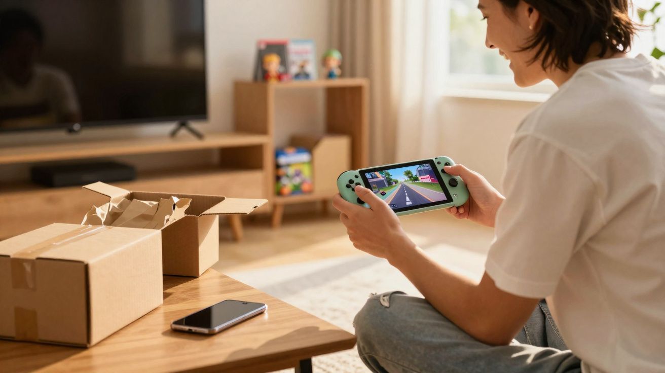 Pessoa sentada em casa a jogar videojogo numa consola portátil azul turquesa.