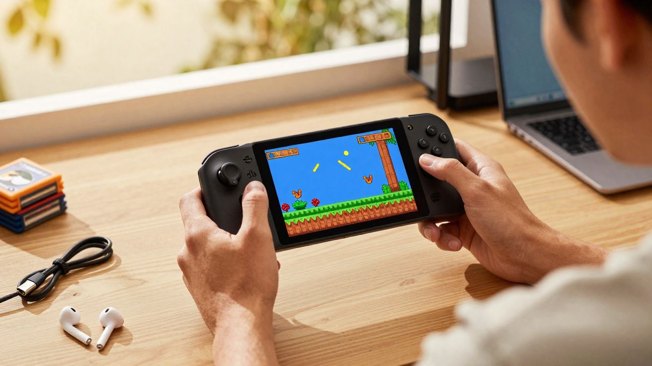 Pessoa a jogar videojogo numa consola portátil com jogo retro na ecrã, sentada junto a secretária com portátil e auscultadore