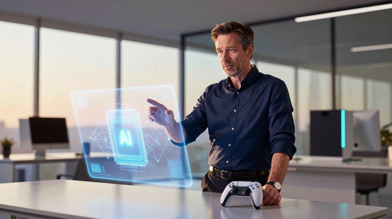 Homem em escritório moderno interage com ecrã holográfico de inteligência artificial, com comando de videojogo na mesa.