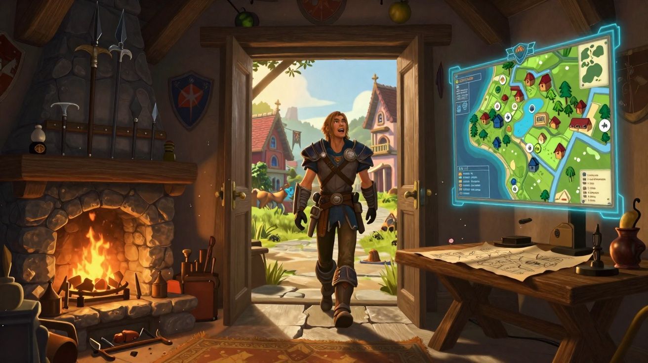 Guerreiro medieval a entrar numa casa rústica com lareira acesa e mapa digital de uma vila projetado numa parede.