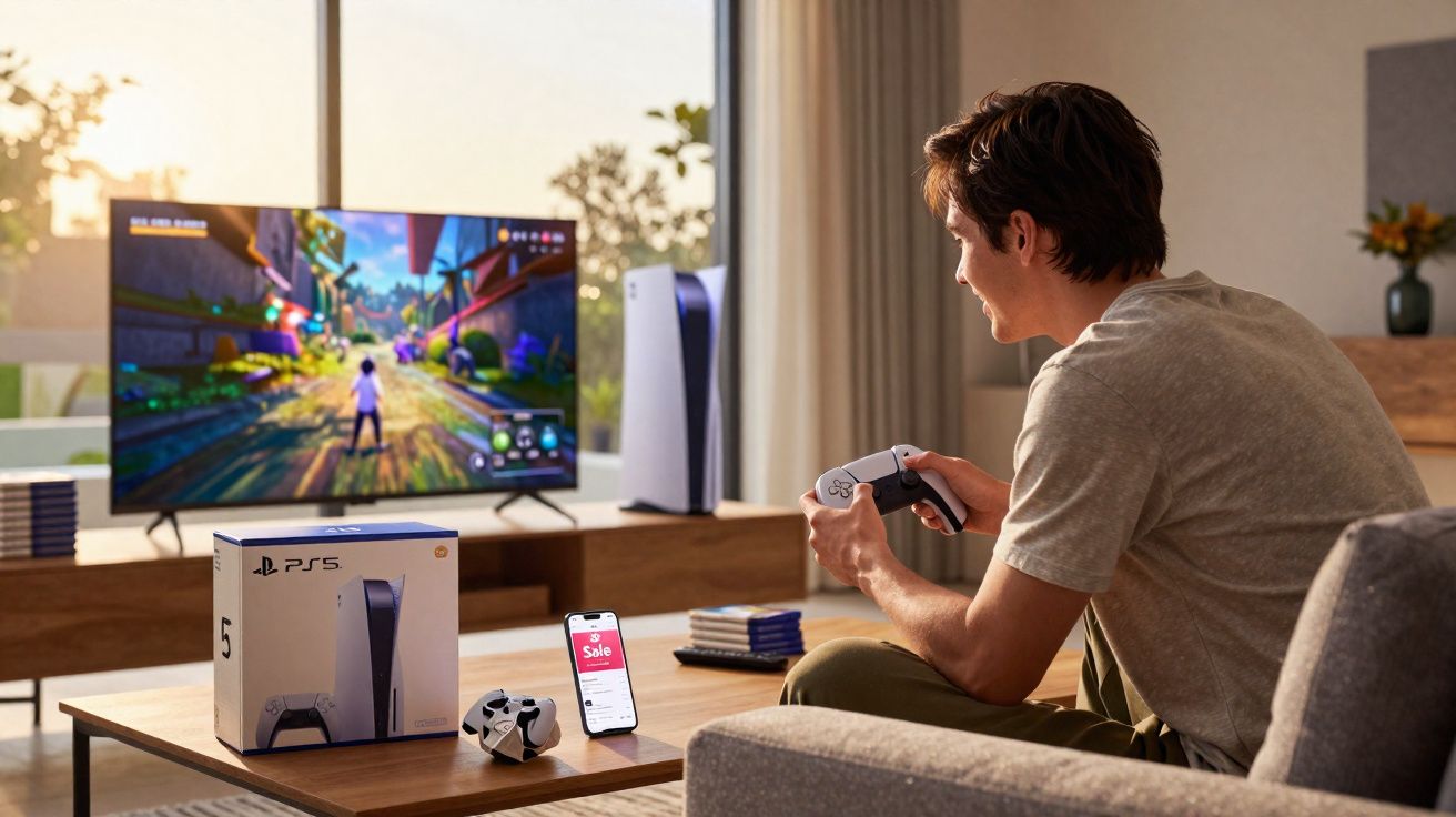 Homem joga videojogo numa consola PlayStation 5 numa sala com TV e controlo sem fios.