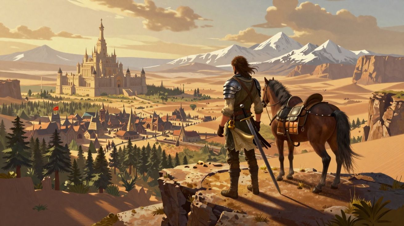 Cavaleiro com armadura e espada observa castelo e vila ao longe, acompanhado pelo seu cavalo, em paisagem montanhosa.