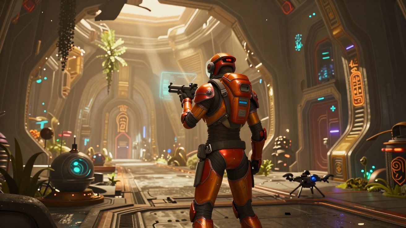 Soldado futurista em armadura laranja com arma em corredor tecnológico iluminado e robôs ao redor.
