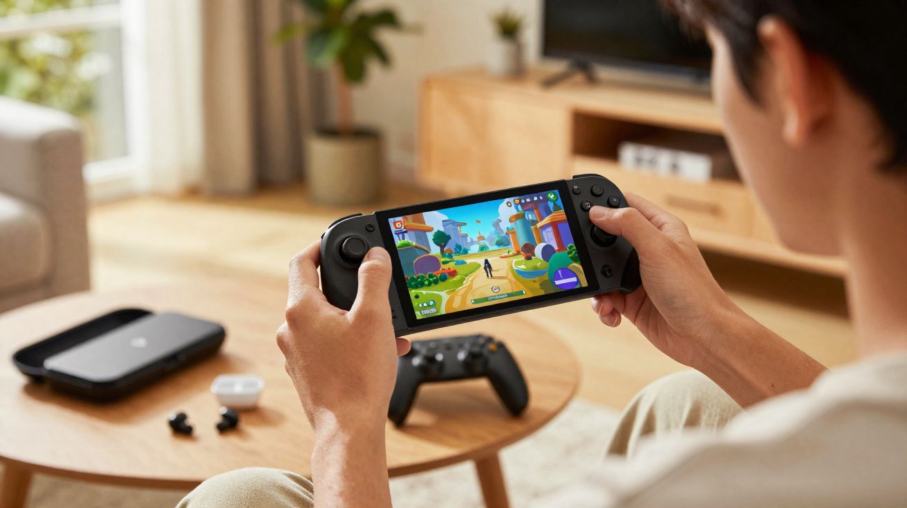 Pessoa a jogar videojogo numa consola portátil num ambiente confortável de sala de estar.