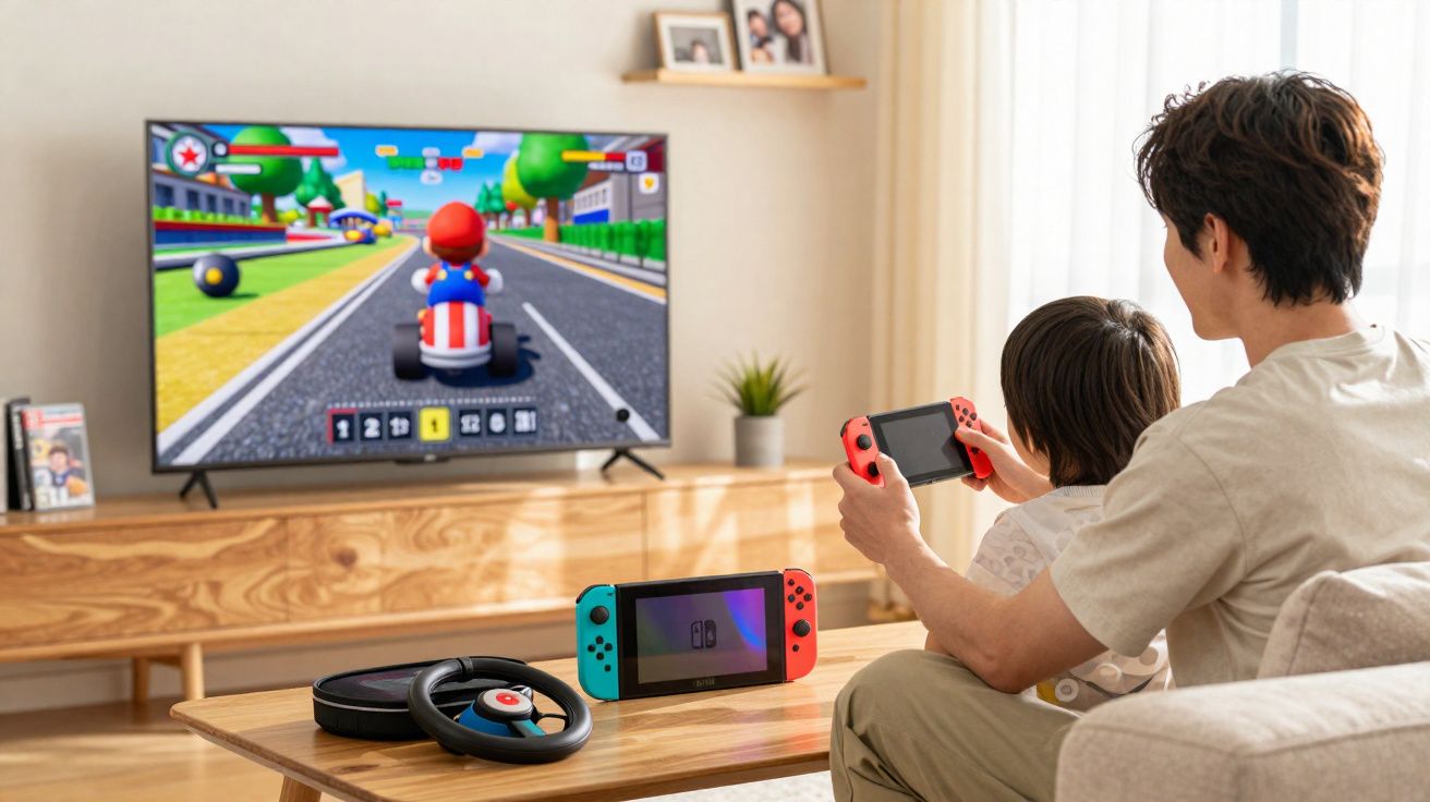 Pai e filho a jogar Mario Kart na Nintendo Switch numa sala iluminada.