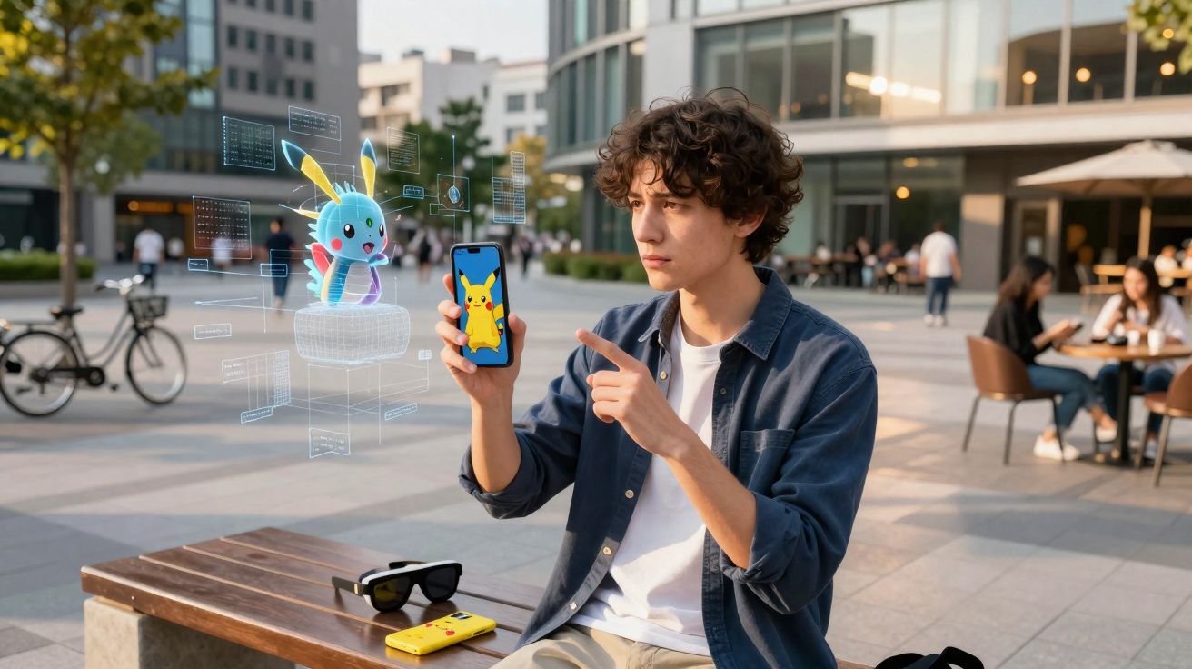 Rapaz sentado num banco a interagir com uma aplicação de Pokémon em realidade aumentada no smartphone.