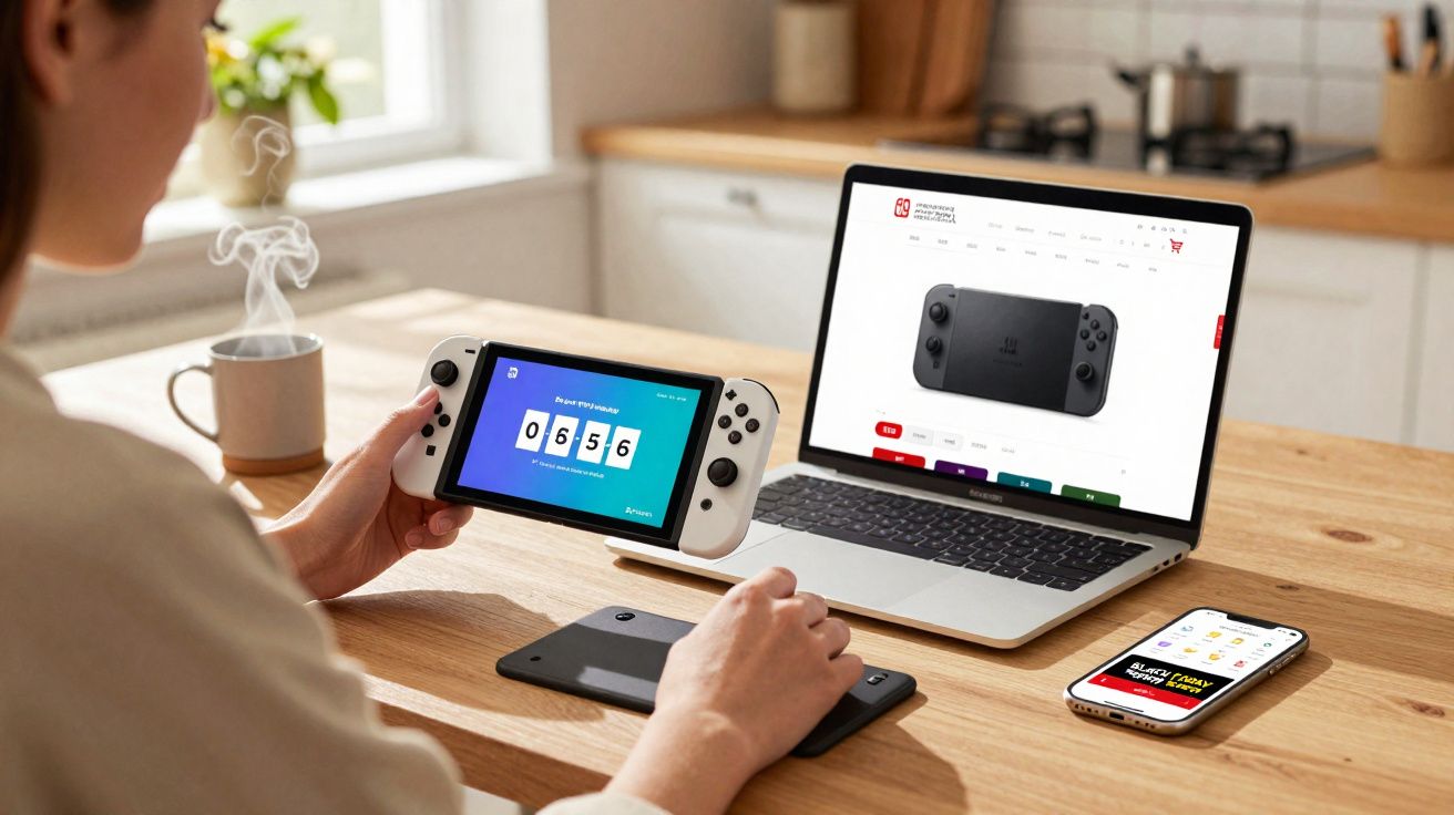 Pessoa sentada numa mesa a segurar uma consola portátil com um portátil e um smartphone à frente.