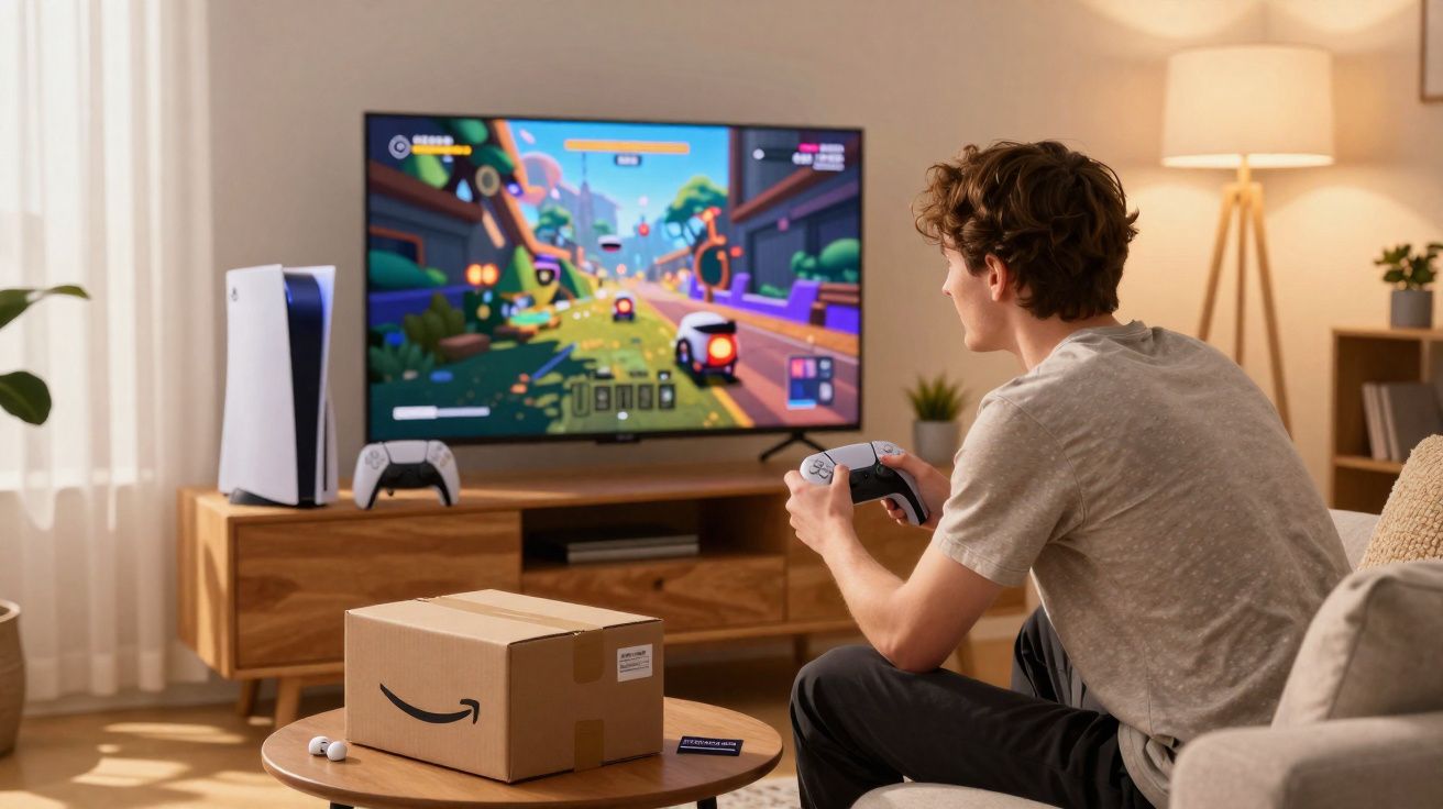 Homem sentado no sofá a jogar videojogos numa consola moderna numa sala iluminada.