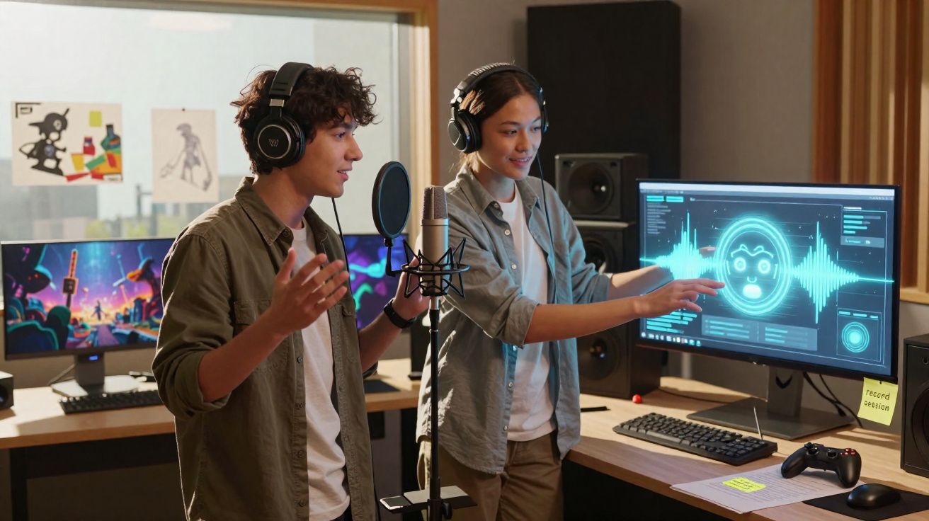 Dois jovens com auscultadores numa sala de gravação, um a falar no microfone e outro a apontar para o ecrã do computador.