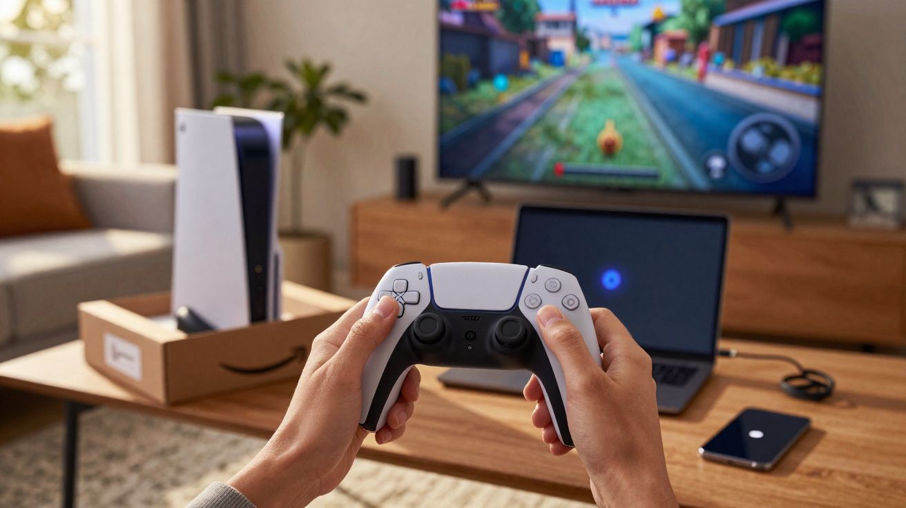 Mãos seguram comando de PlayStation 5 com consola, portátil, smartphone e ecrã de jogo ao fundo.