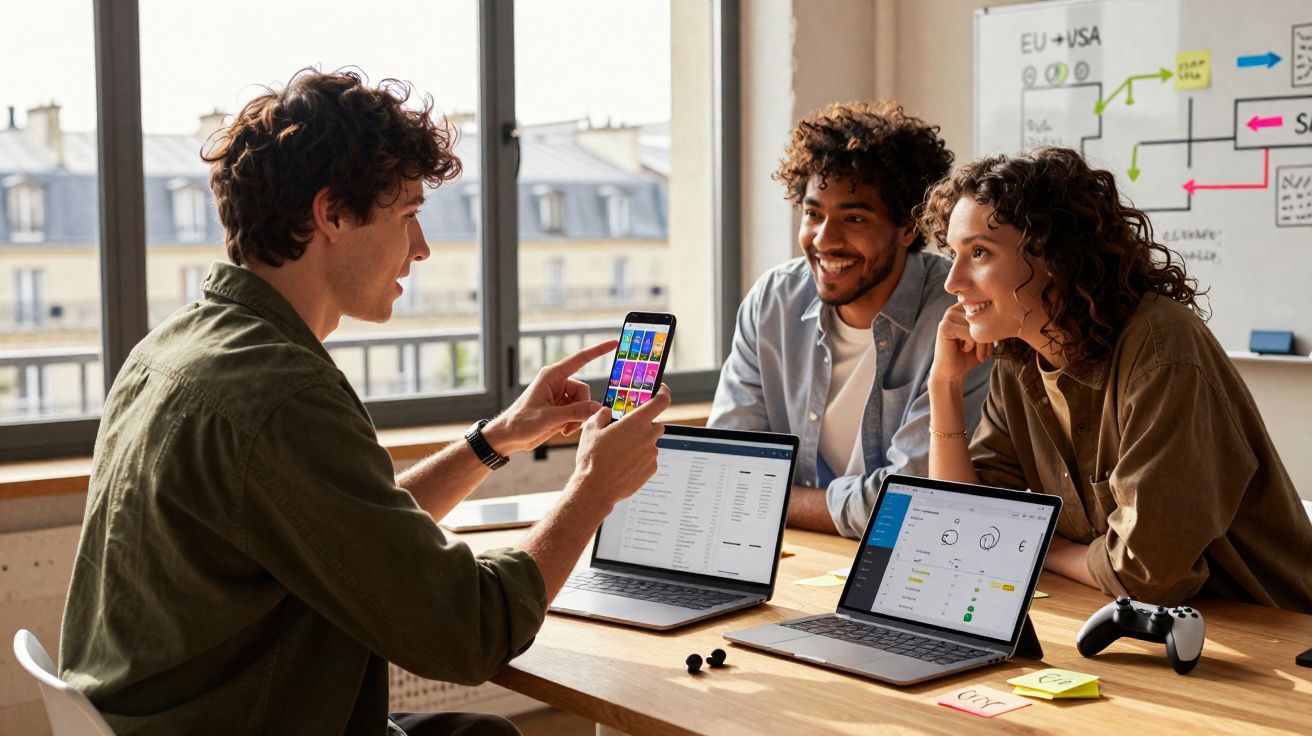 Três jovens em reunião de trabalho, analisando um smartphone, com laptops e um comando de videojogo à mesa.