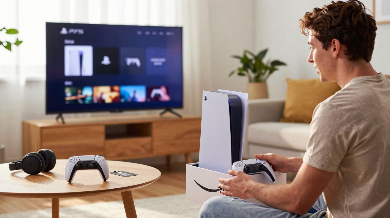 Jovem sentado na sala segurando comando PlayStation com consola PS5 ao lado e ecrã de TV ligado.