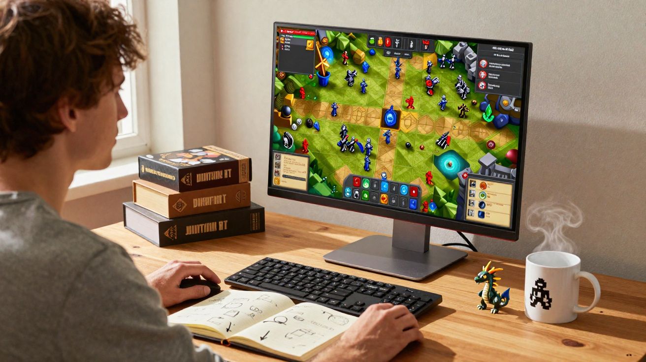 Pessoa a jogar um jogo de estratégia num computador com caderno de anotações e chá quente numa mesa de madeira.