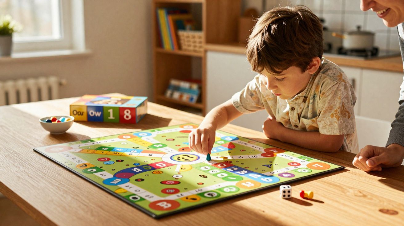 Criança a jogar um jogo de tabuleiro colorido com um adulto numa mesa de madeira iluminada pela luz natural.