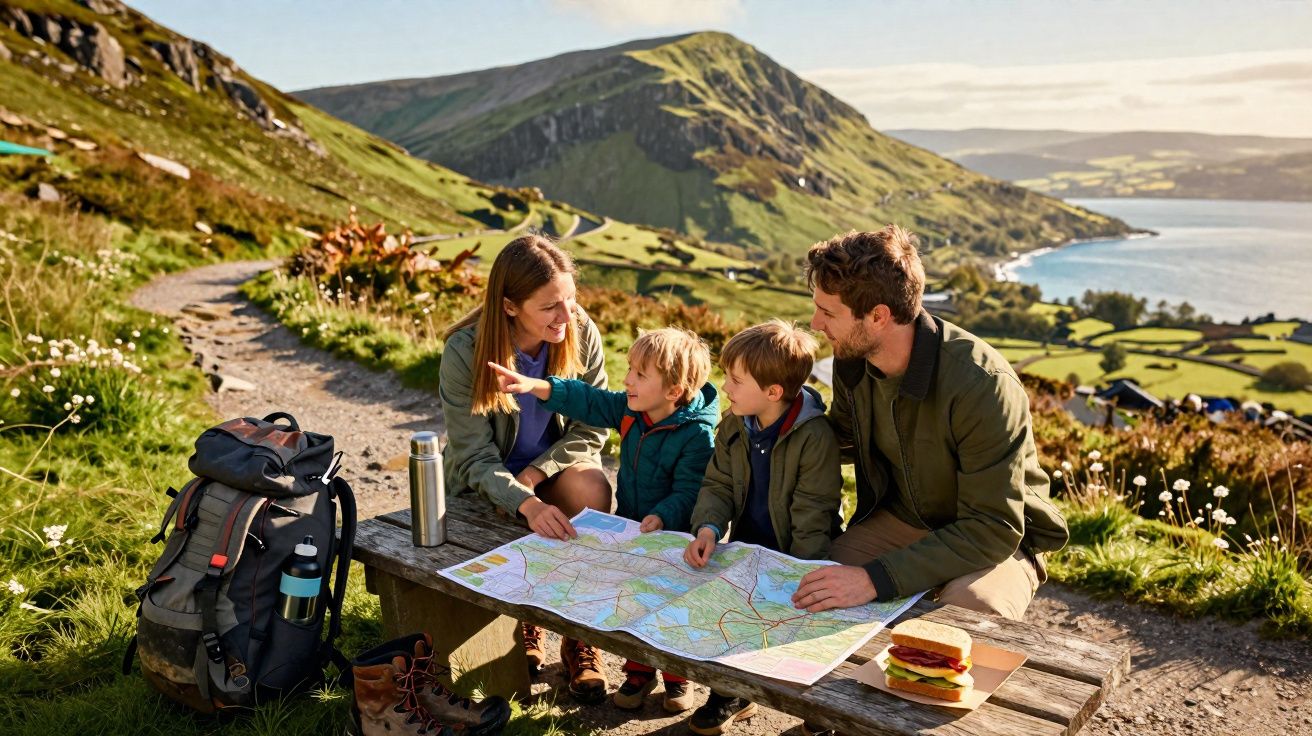 Família com duas crianças sentada numa mesa de madeira a consultar um mapa numa paisagem montanhosa junto ao mar.