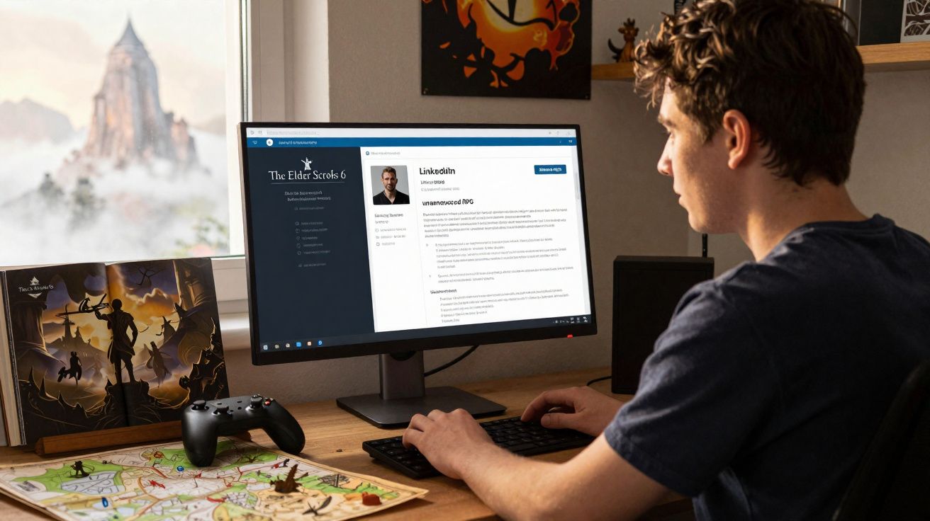 Jovem a usar computador com currículo no ecrã, controle de consola e mapa de jogo na secretária junto a janela.