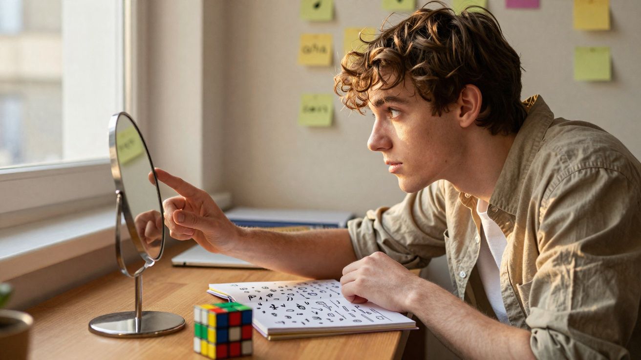 Jovem sentado à secretária aponta para um espelho, com livro de símbolos e cubo mágico à frente.
