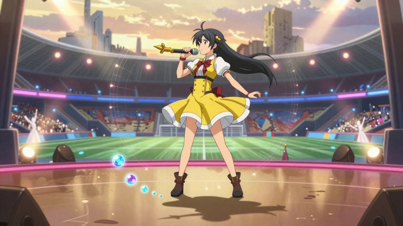 Jovem a cantar num palco iluminado no centro de um estádio cheio de público ao pôr do sol.