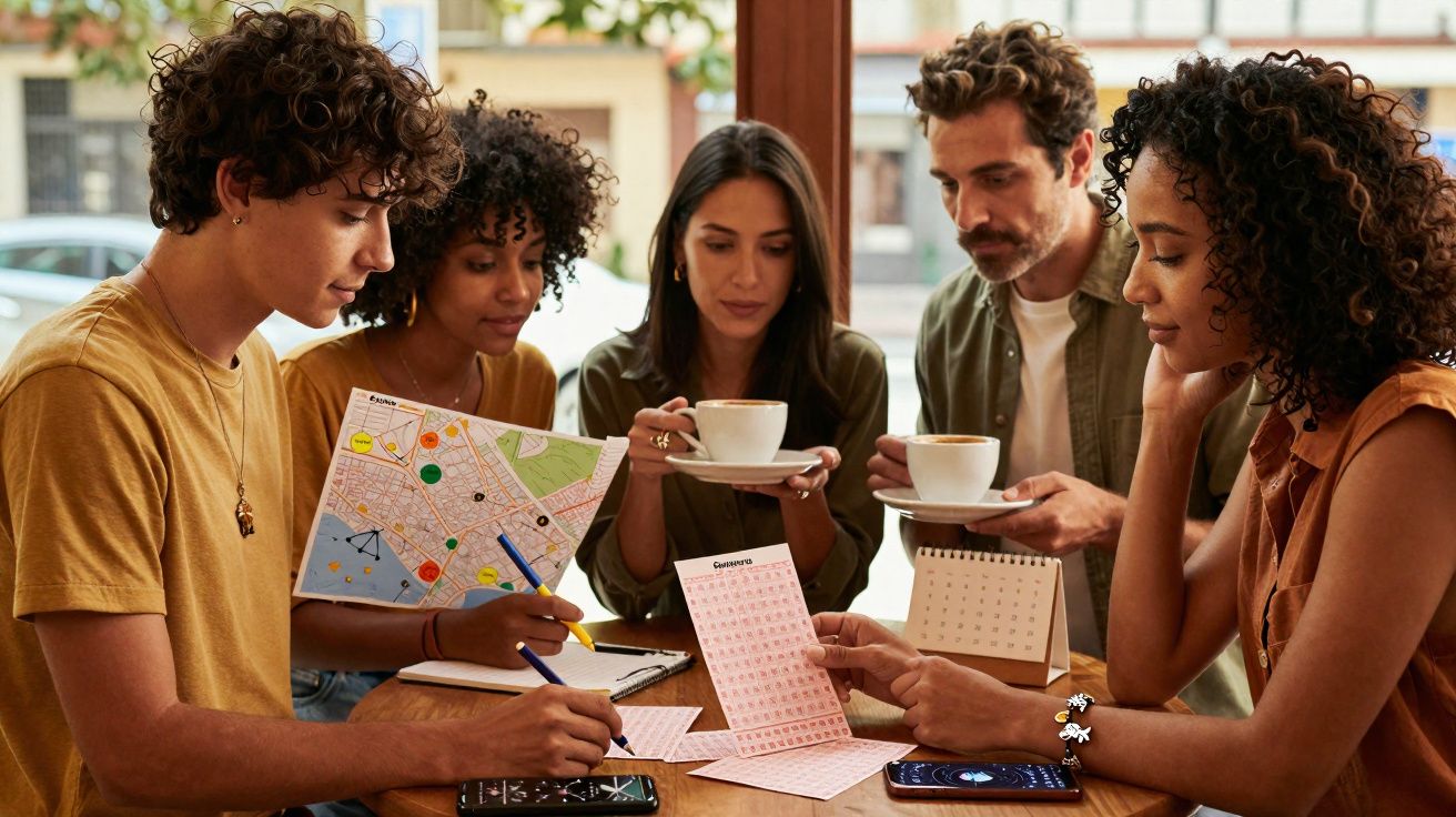 Grupo de amigos a planear viagem com mapas e calendários enquanto bebem café numa mesa.