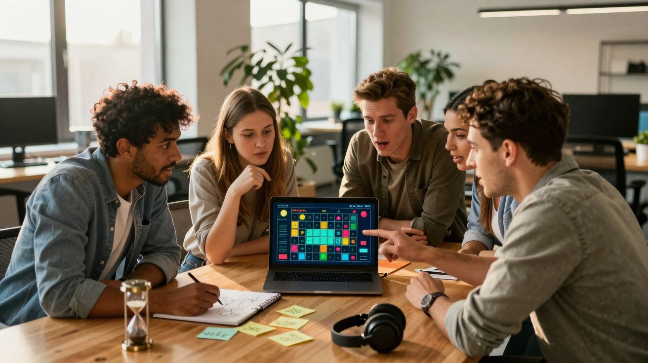 Grupo de cinco jovens colaborando e analisando um jogo num computador portátil numa mesa de reuniões.