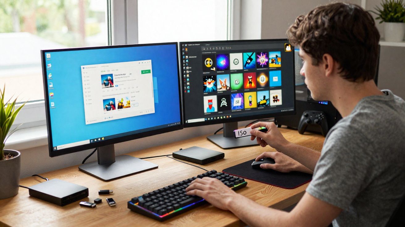 Jovem a usar computador com dois ecrãs, um mostrando aplicações e outro com janela de downloads, numa secretária organizada.