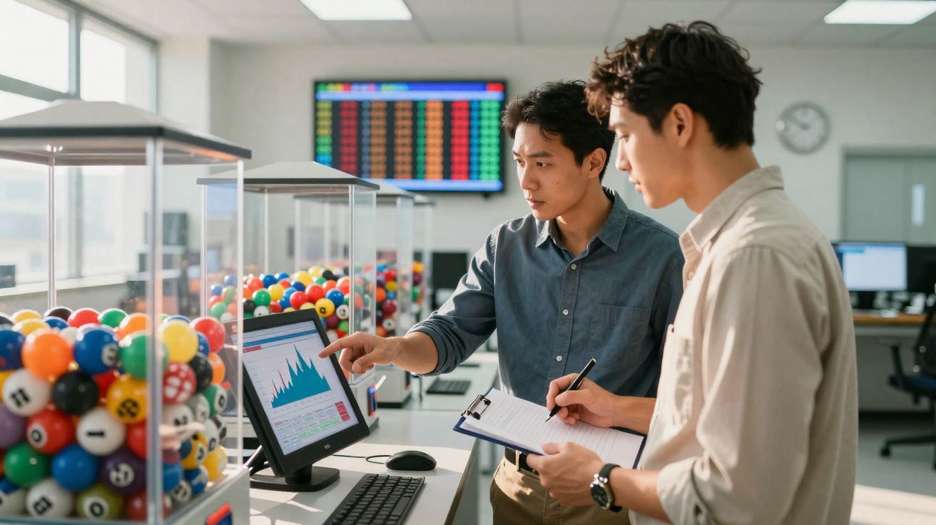 Dois homens a analisar gráficos num computador numa sala com máquinas de lotaria coloridas.