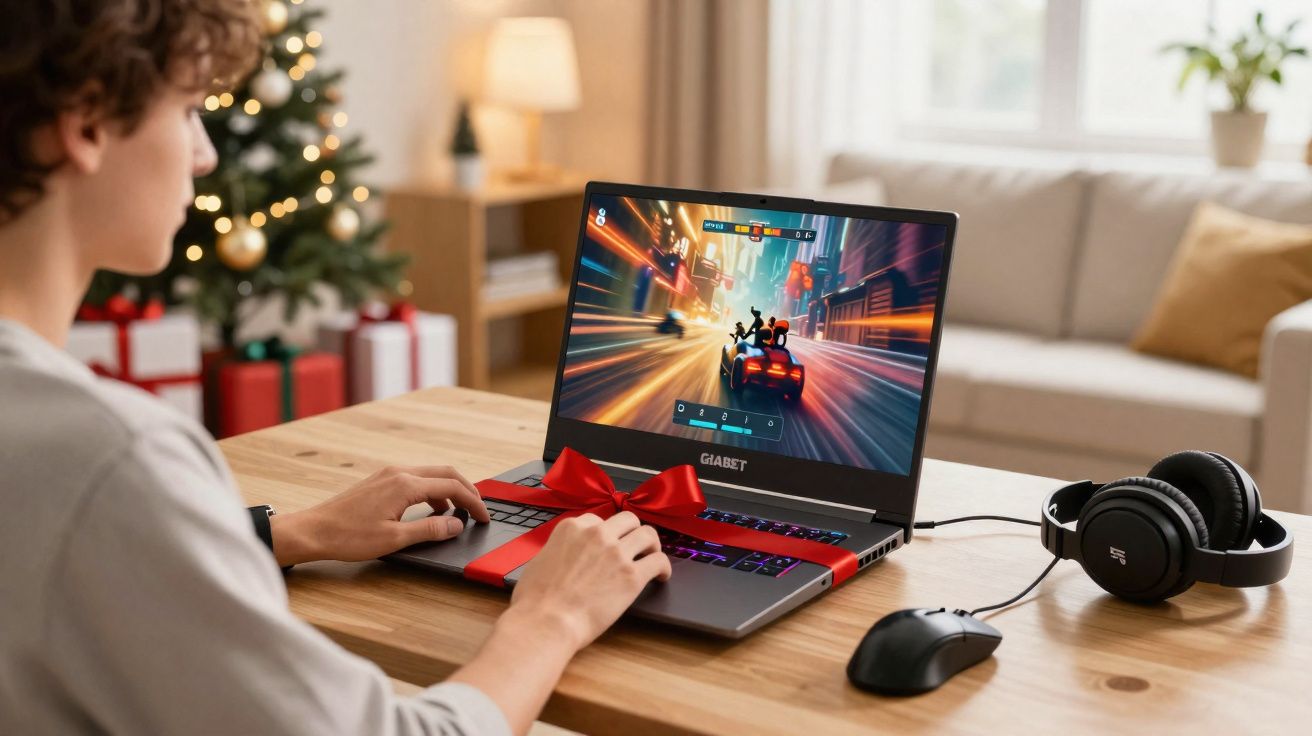 Jovem a jogar videojogo de corrida num portátil com embalagem e laço vermelhos numa sala decorada de Natal.
