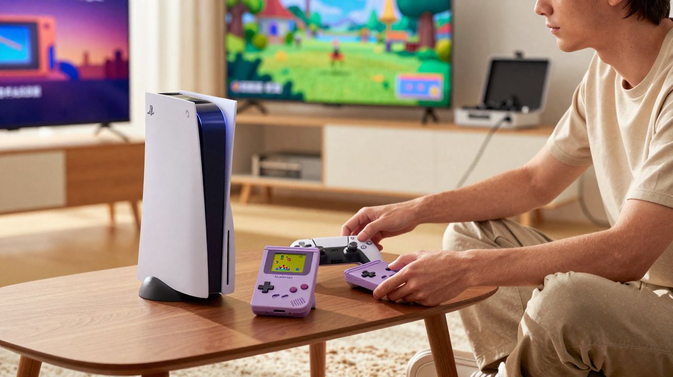 Pessoa sentada a jogar com comandos lilás ao lado de uma consola PlayStation 5 e uma Game Boy vintage numa mesa de madeira.