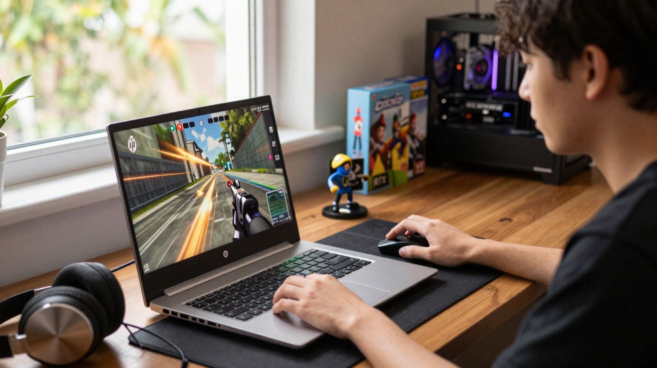 Jovem a jogar um videojogo de tiro em primeira pessoa num portátil numa secretária junto a uma janela.