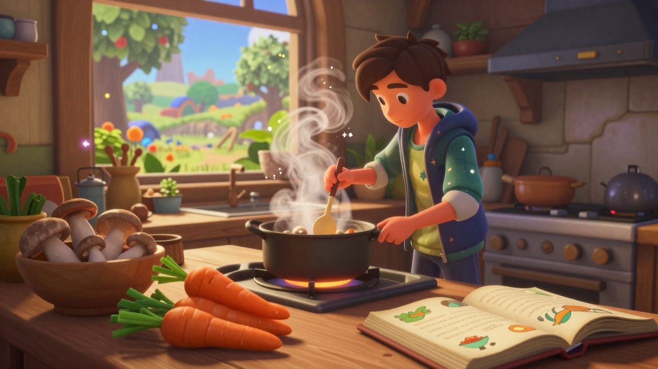 Rapaz a cozinhar numa cozinha acolhedora com legumes frescos e livro de receitas aberto.