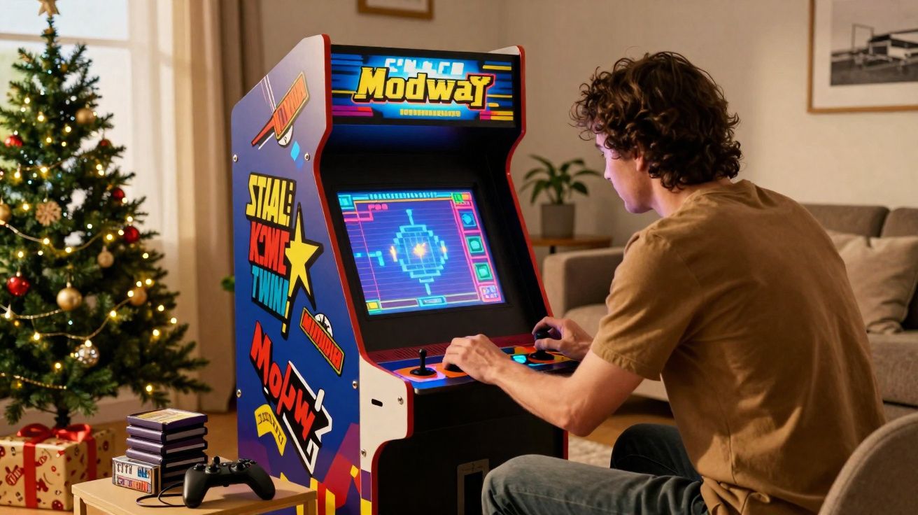 Jovem a jogar numa máquina arcade em sala decorada com árvore de Natal e presentes.