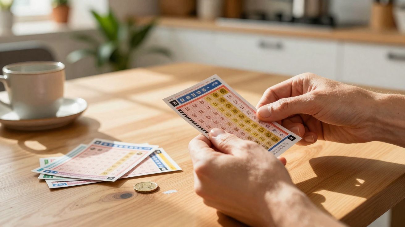 Pessoa a segurar cartão do bingo com vários cartões e uma moeda sobre mesa de madeira clara.