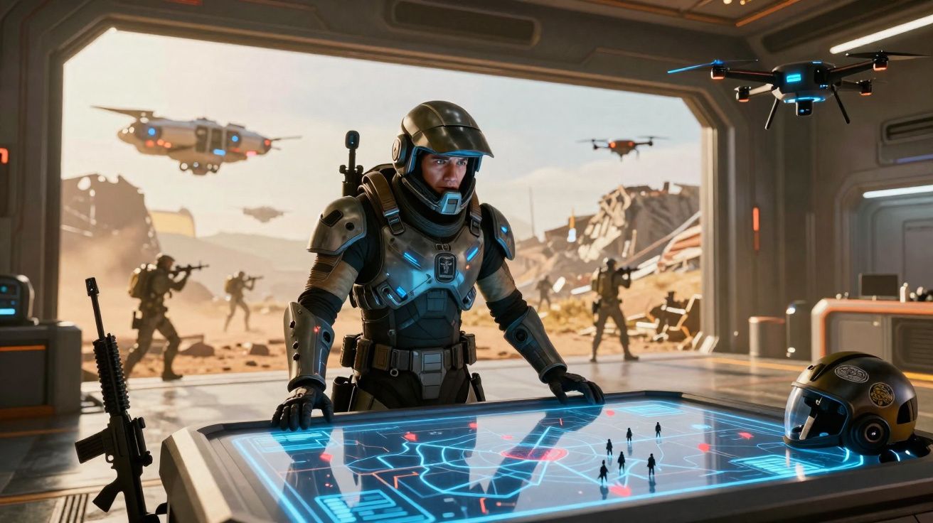 Soldado em armadura futurista analisa mapa digital numa base militar com drone e soldados armados ao fundo.
