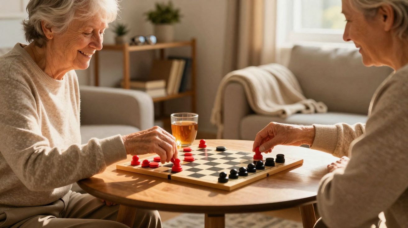 Duas idosas a jogar damas numa sala de estar acolhedora com luz natural e chá na mesa redonda.