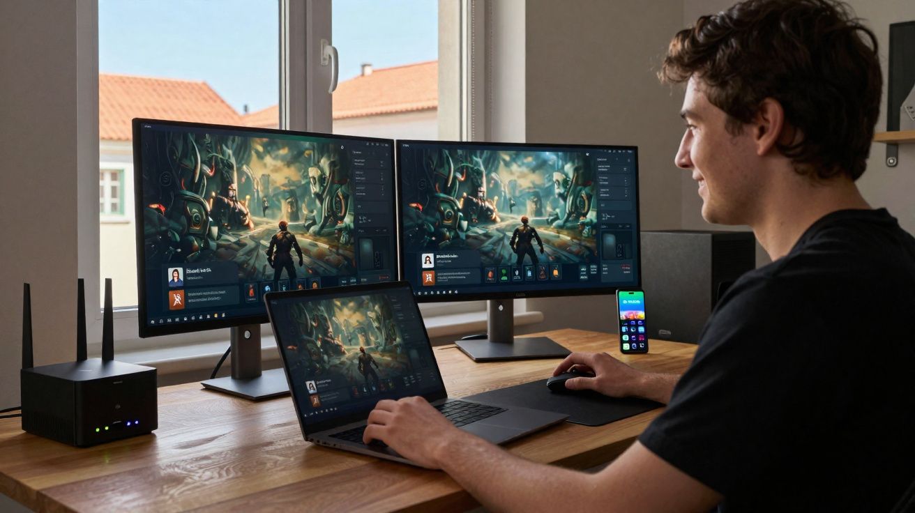 Pessoa sentada numa secretária com dois monitores e um portátil em jogos ou edição digital, ao lado de um smartphone.