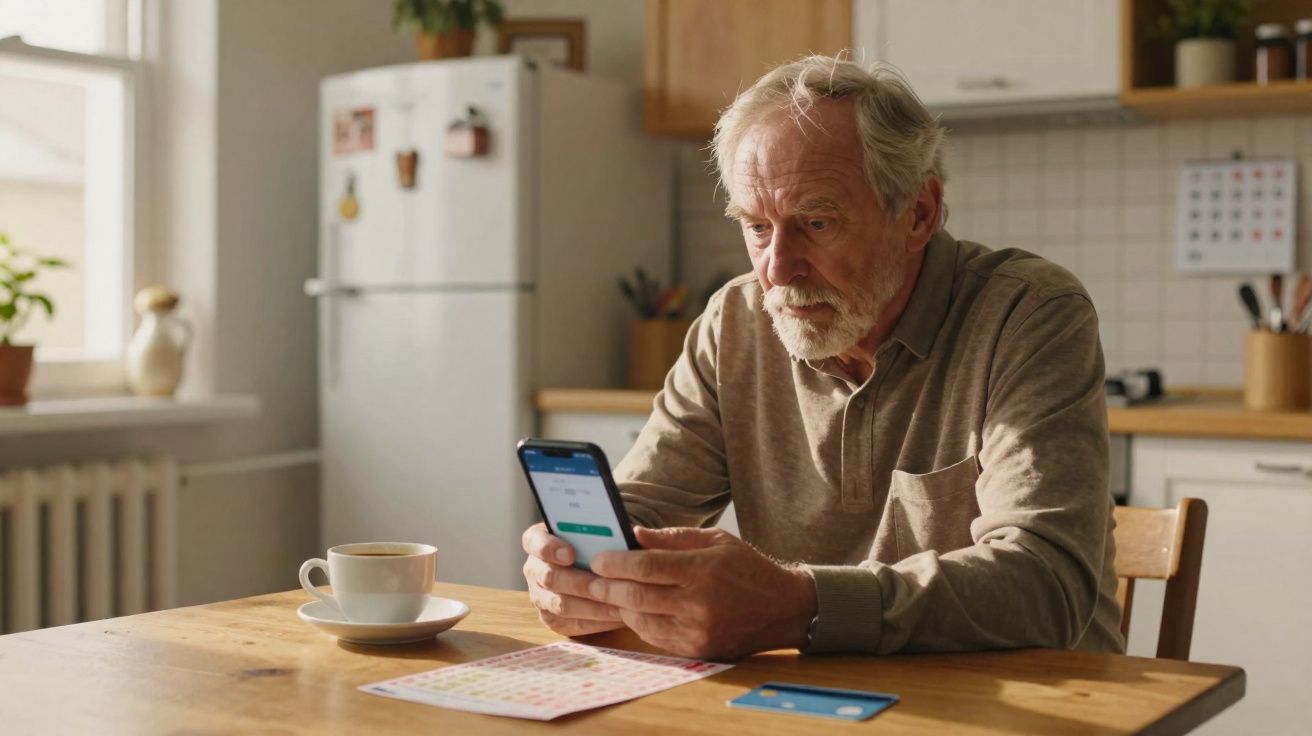 Homem idoso sentado na cozinha a verificar uma aplicação no telemóvel com cartão bancário e chá na mesa.