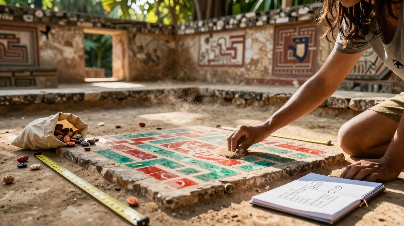 Pessoa a jogar senet num tabuleiro antigo de pedra, com fichas coloridas e caderno de notas ao lado.