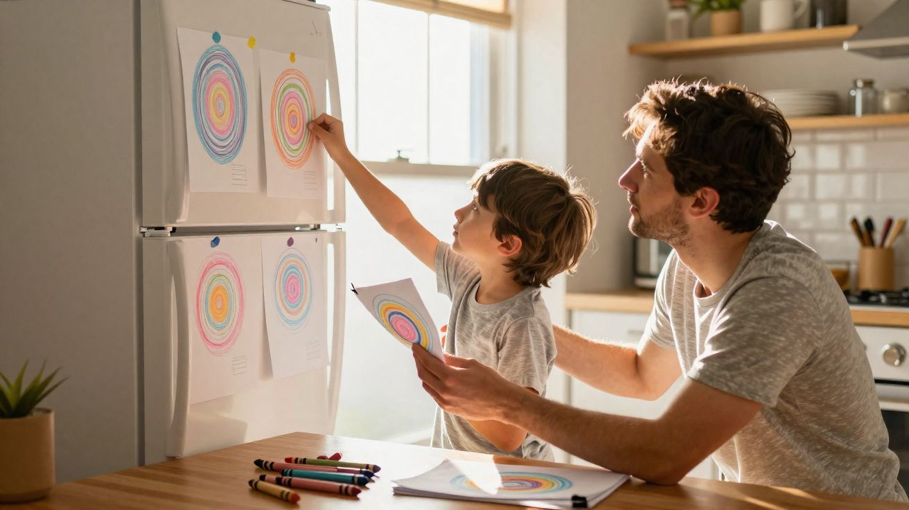 Pai e filho a pendurar desenhos coloridos em círculos na porta do frigorífico na cozinha.