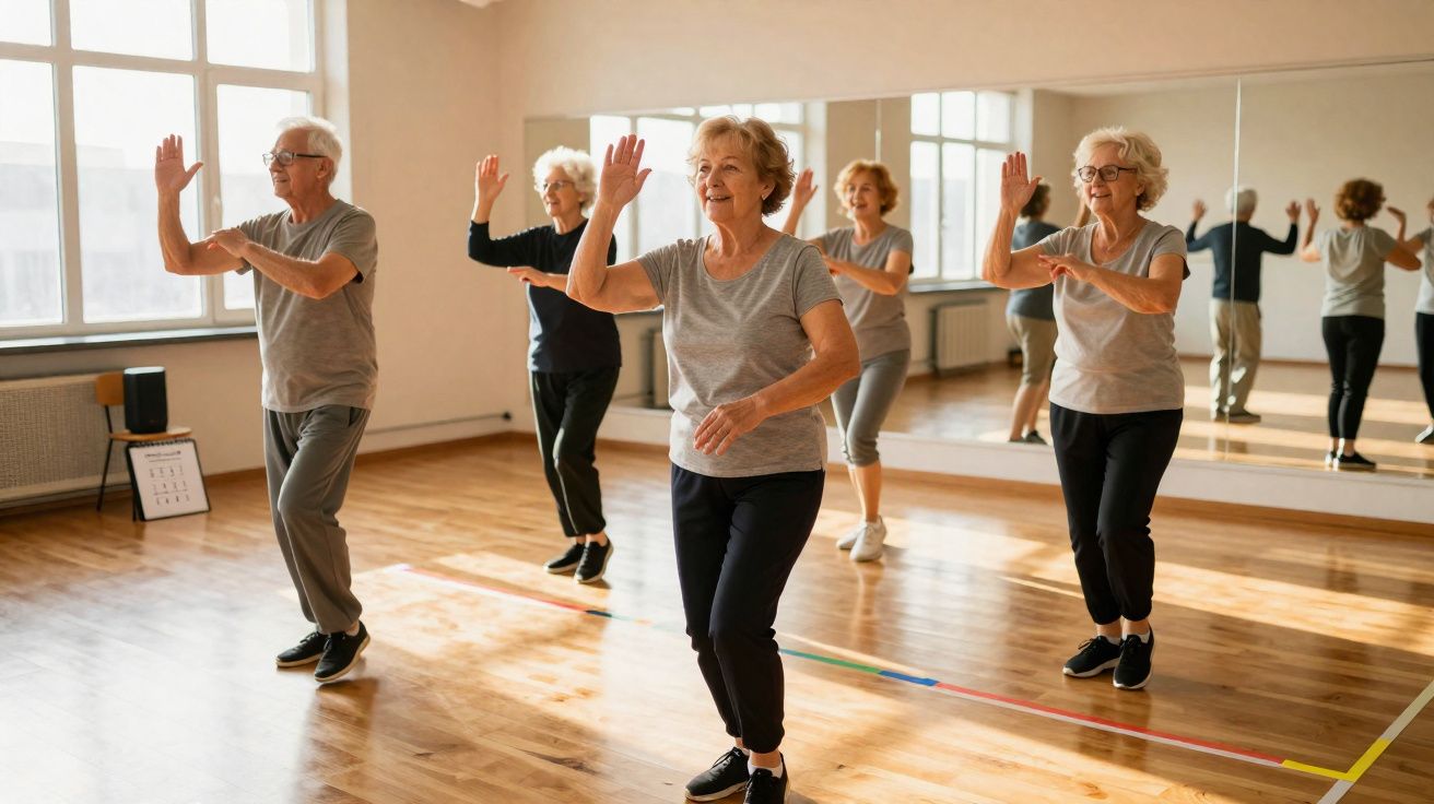 Grupo de idosos a praticar exercício físico em estúdio com espelhos e luz natural ampla.