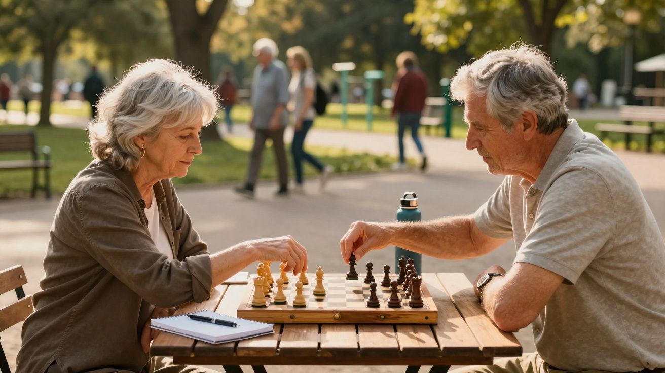Casal sénior a jogar xadrez ao ar livre numa mesa de madeira num parque ensolarado.
