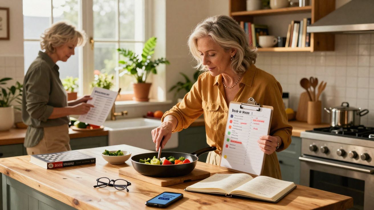 Duas mulheres a preparar uma refeição na cozinha com lista de compra e ingredientes frescos sobre a bancada.