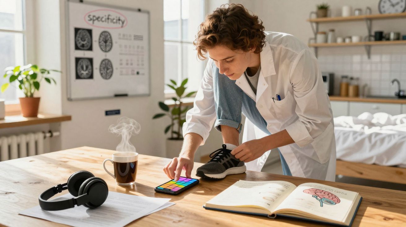 Estudante de medicina jovem com bata branca a usar telemóvel numa mesa com livro, auscultadores e chá quente.