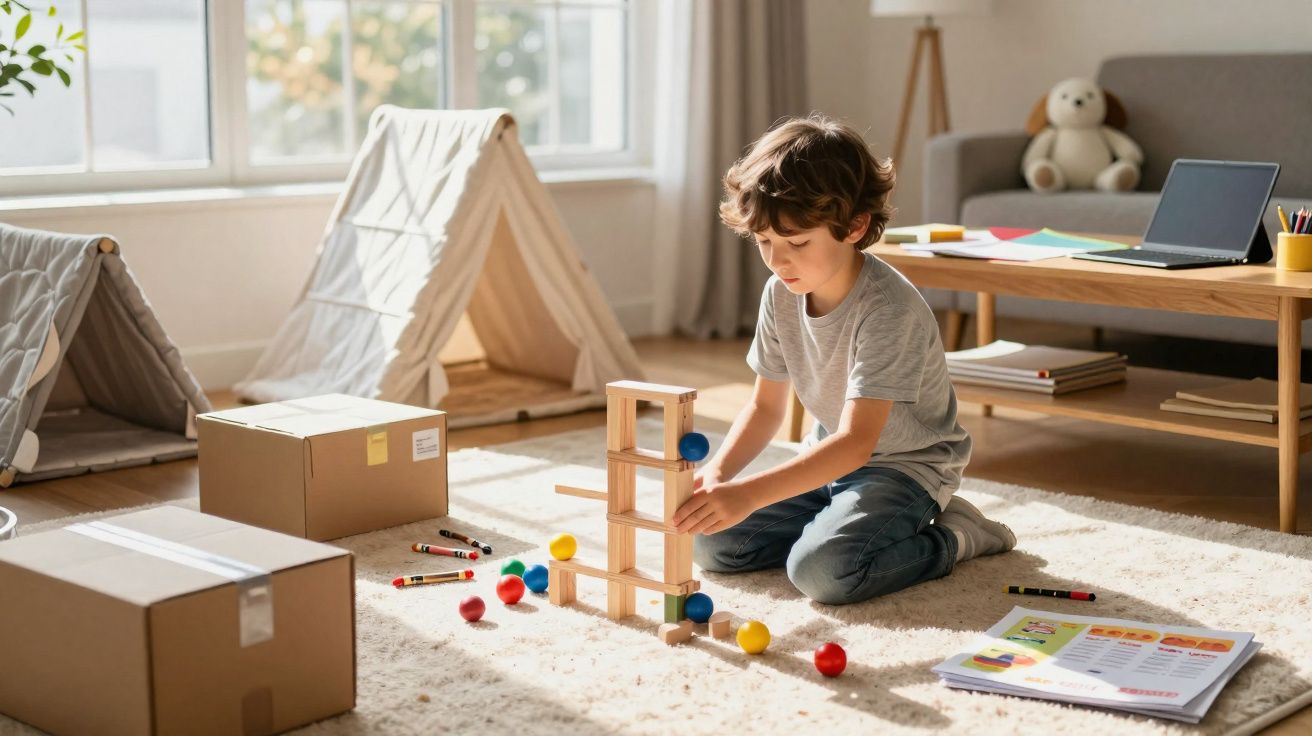 Criança a brincar no chão com blocos de madeira e bolas coloridas numa sala iluminada.
